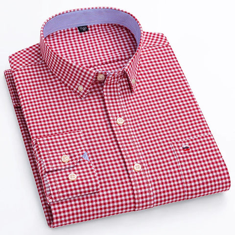 Camisa de Algodão Masculina Mini Xadrez Manga Longa Vermelha