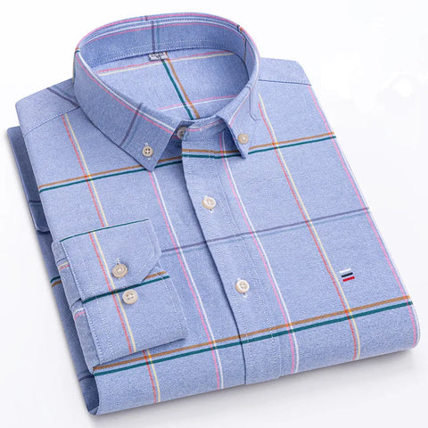 Camisa de Algodão Masculina Xadrez Azul Manga Longa