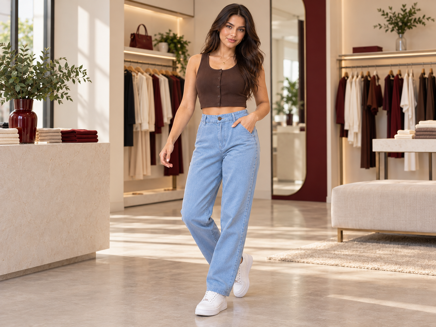 Modelo usando calça jeans feminina azul