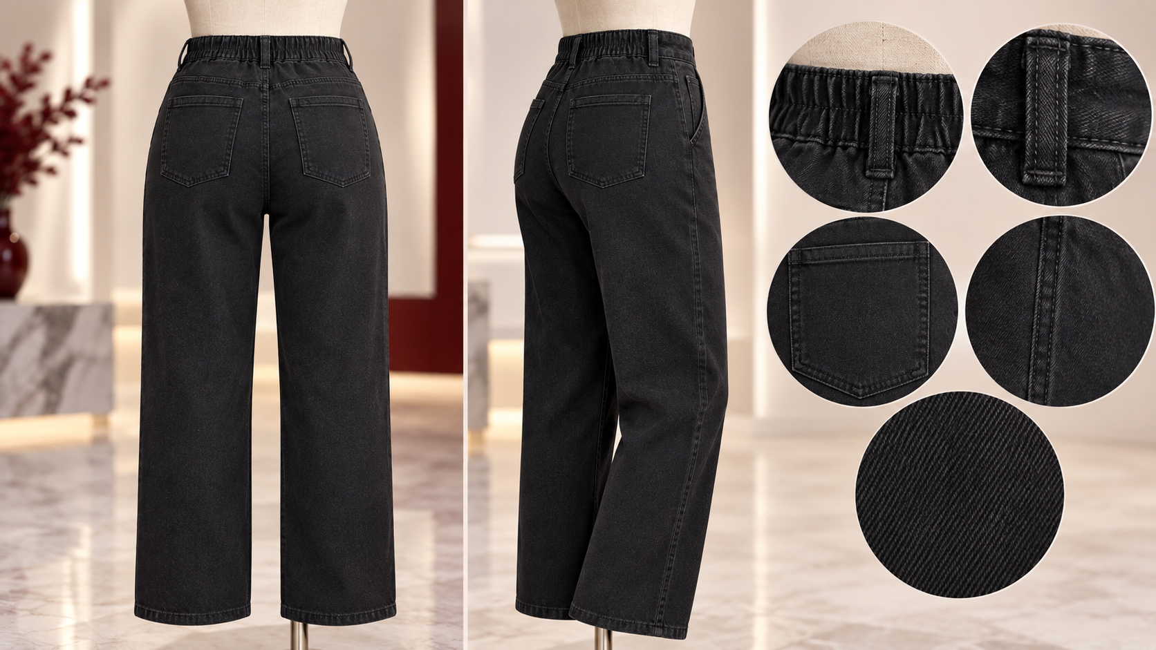 Detalhes de acabamento, bolsos, costuras e tecido da calça feminina preta