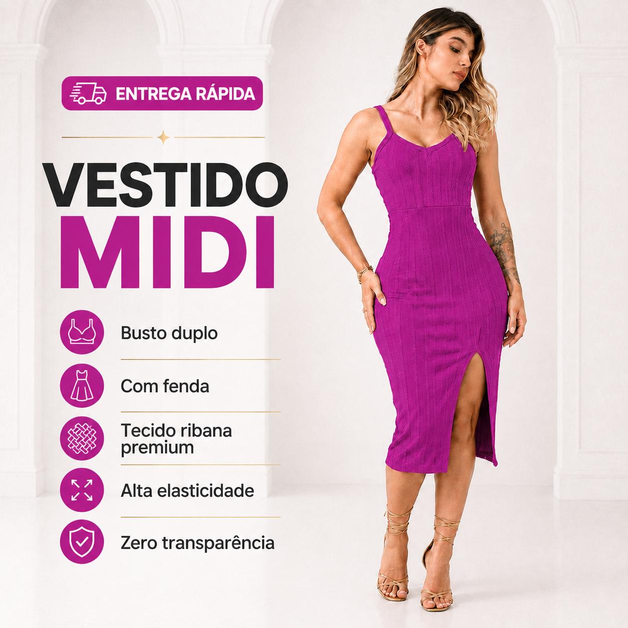 Vestido Midi de Alça em Ribana com Fenda Lateral roxo com detalhes do tecido